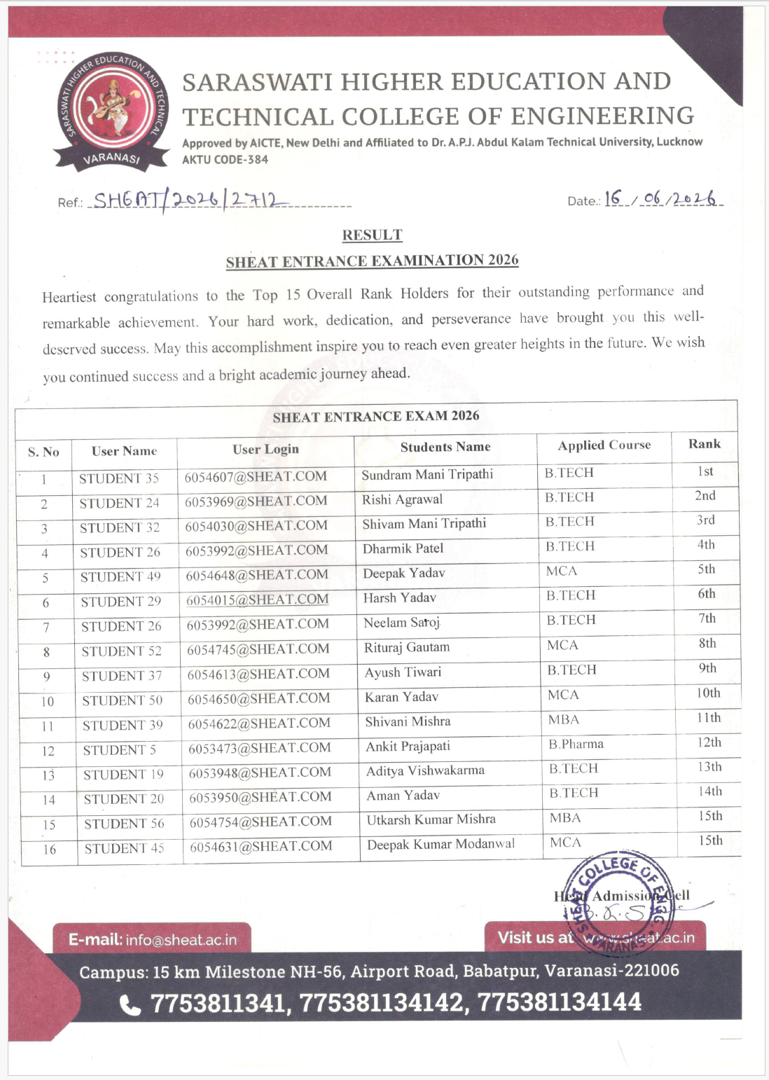 SEE 2026 result announcement by SHEAT Group of Institutions