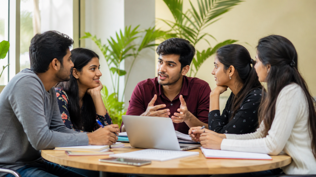 Indian college students practicing communication skills in group discussion