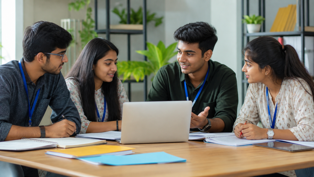 Indian college students discussing internship opportunities