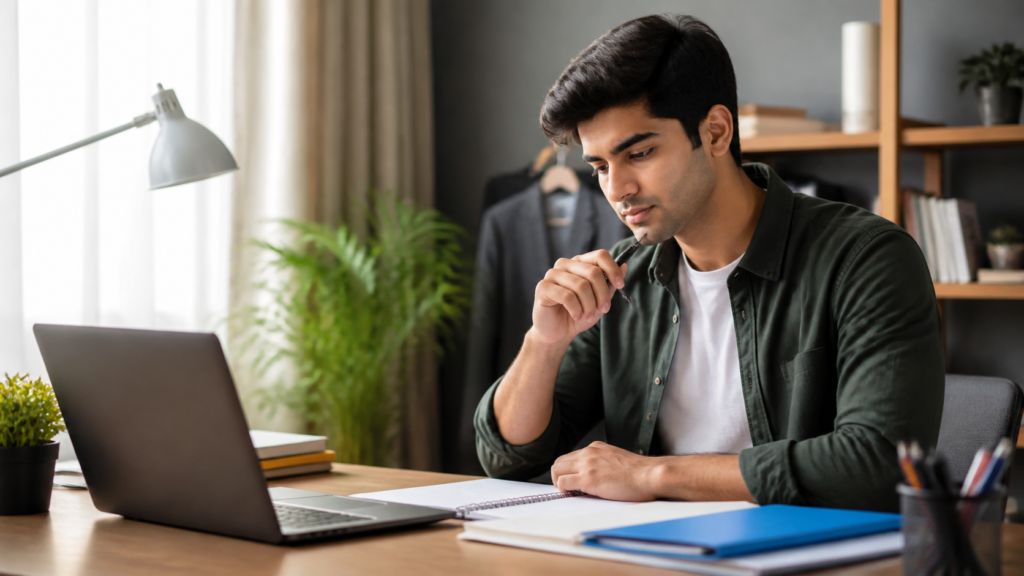 Indian college student preparing fresher resume on laptop