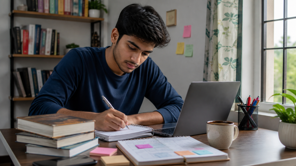 Indian college student planning study schedule at home