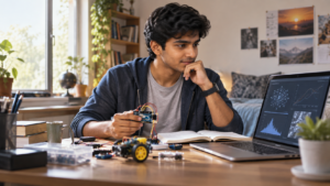 Students exploring artificial intelligence and machine learning concepts on a laptop