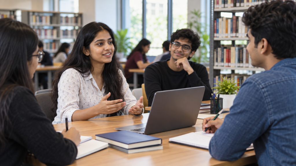 College students discussing a project while preparing for job interviews