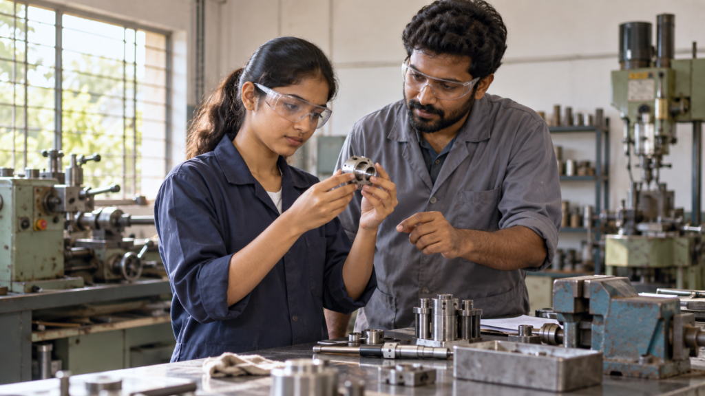 Engineering students learning practical skills during a supervised workshop internship