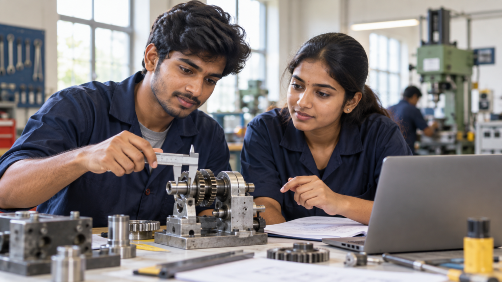 Students comparing technical workshop training with engineering study materials