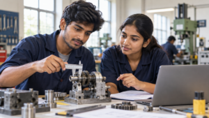 Students comparing technical workshop training with engineering study materials