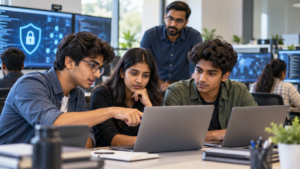 College students learning cybersecurity in a supervised computer lab